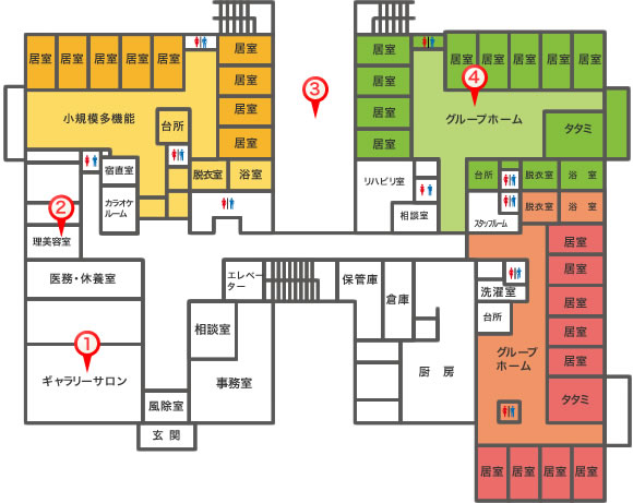 ケアプラザ 倶楽部 雪月花1Fマップ